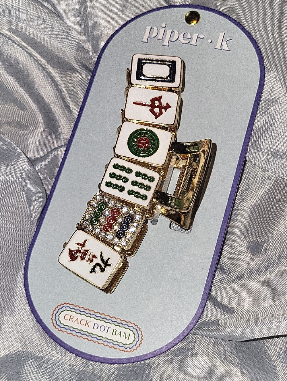 Piper K Mahjong Tile Gold-Tone Hair Clip in White with Green & Red Accents LS